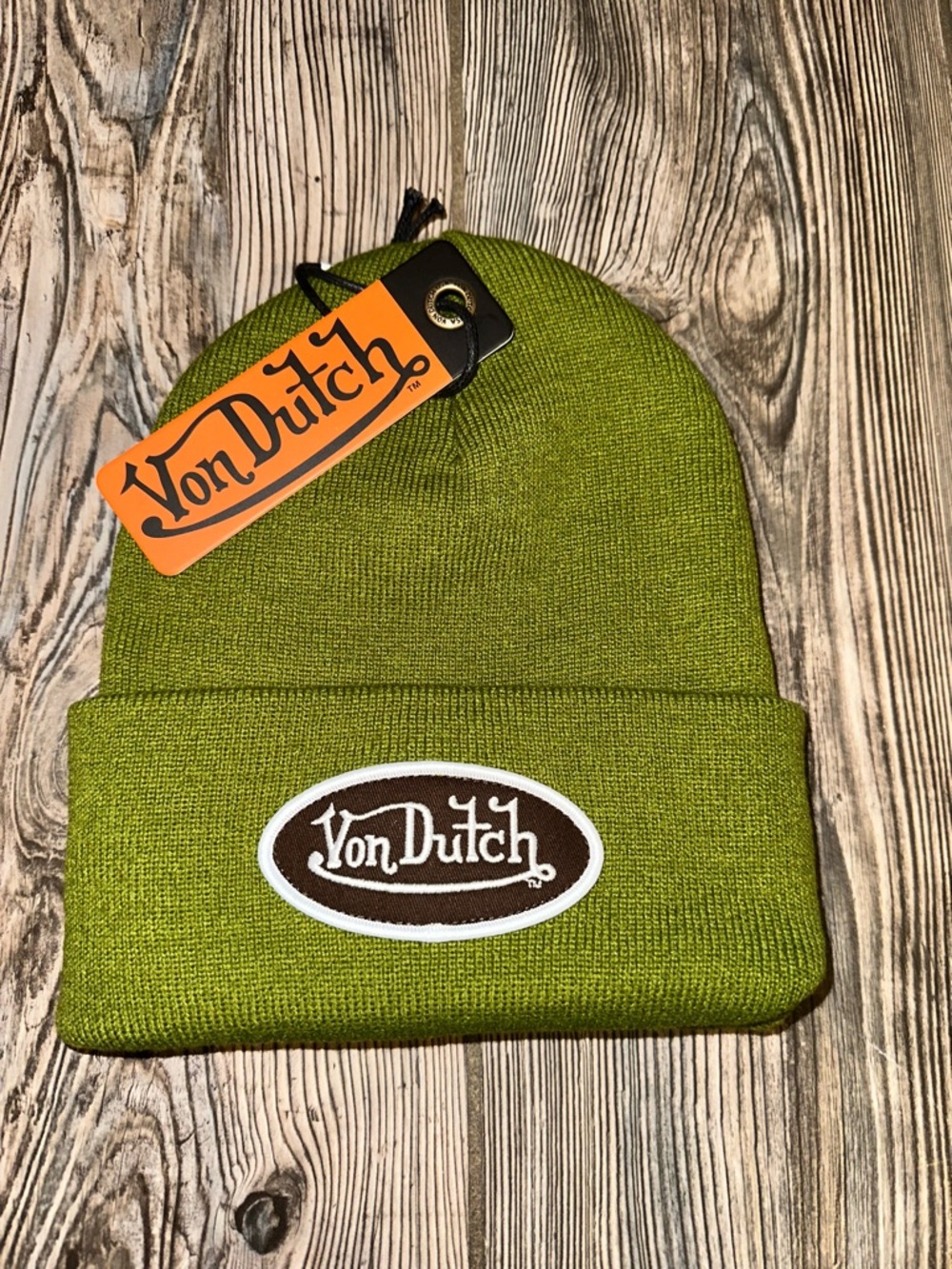 Von Dutch Hunter Green Cuffed Knit Beanie Patch Y2K Trucker Nostalgic One Size